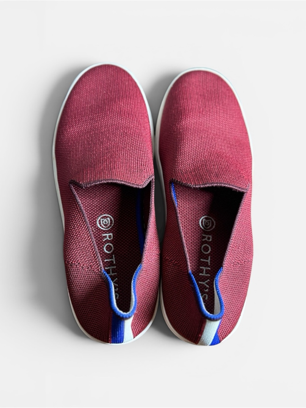 Rothy's Garnet Red Knit The Original Slip-On Sneakers w/Blue Tab Women Sz. 7.5